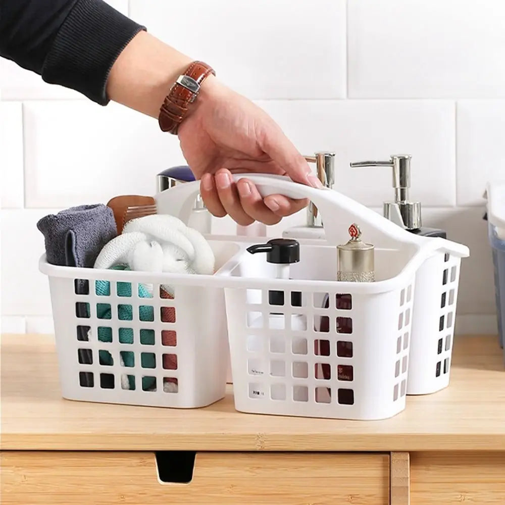 3 Compartments Shower Basket Practical Plastic Hollow Out Toiletries Organizer Box with Handle Storage Basket for College Dorm