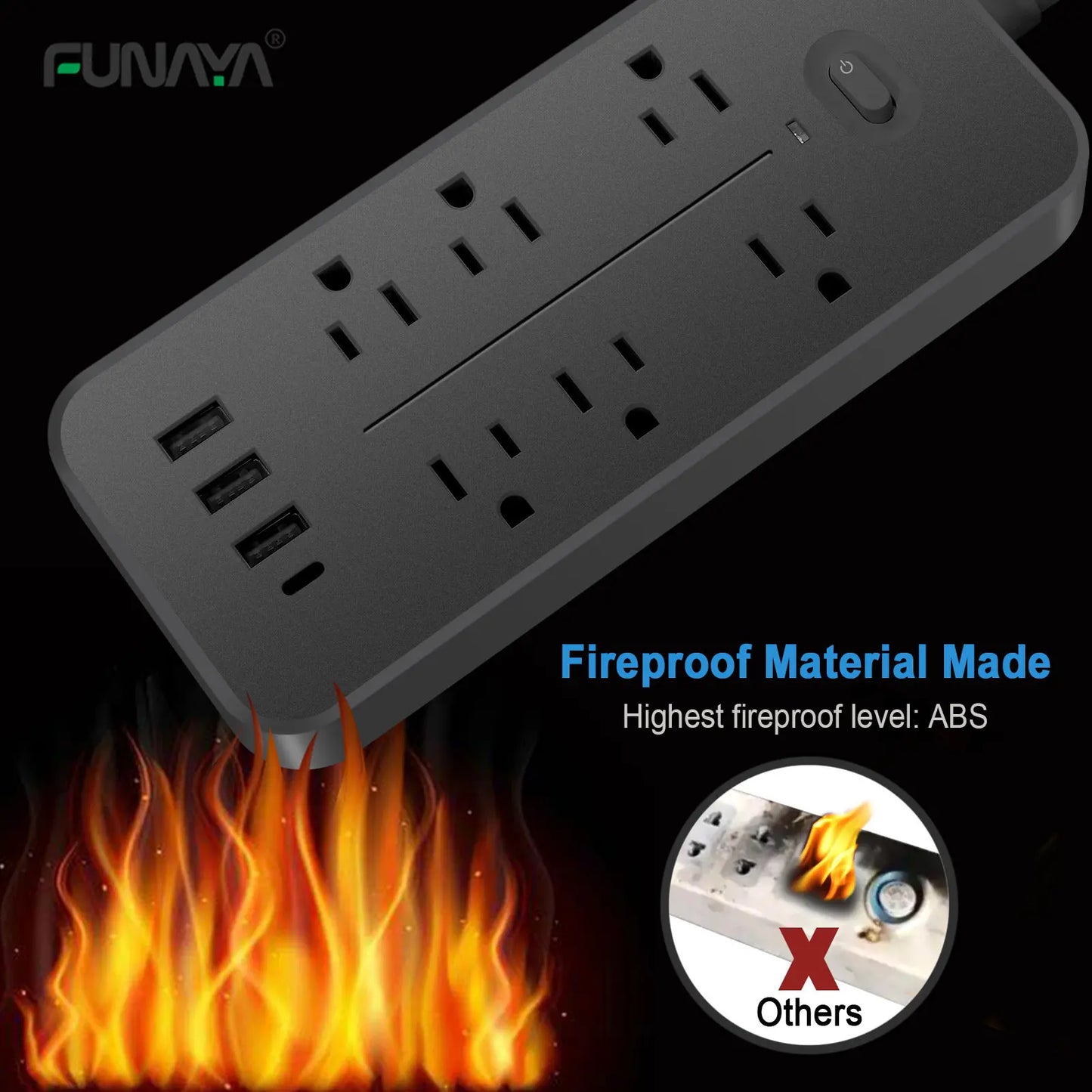 US Power Strip 6 AC Outlets 10A 110v 220v 3 USB Ports Sockets 1 TYPE-C Smart Patch Panel 2000w Black Power Surge Protection Plug