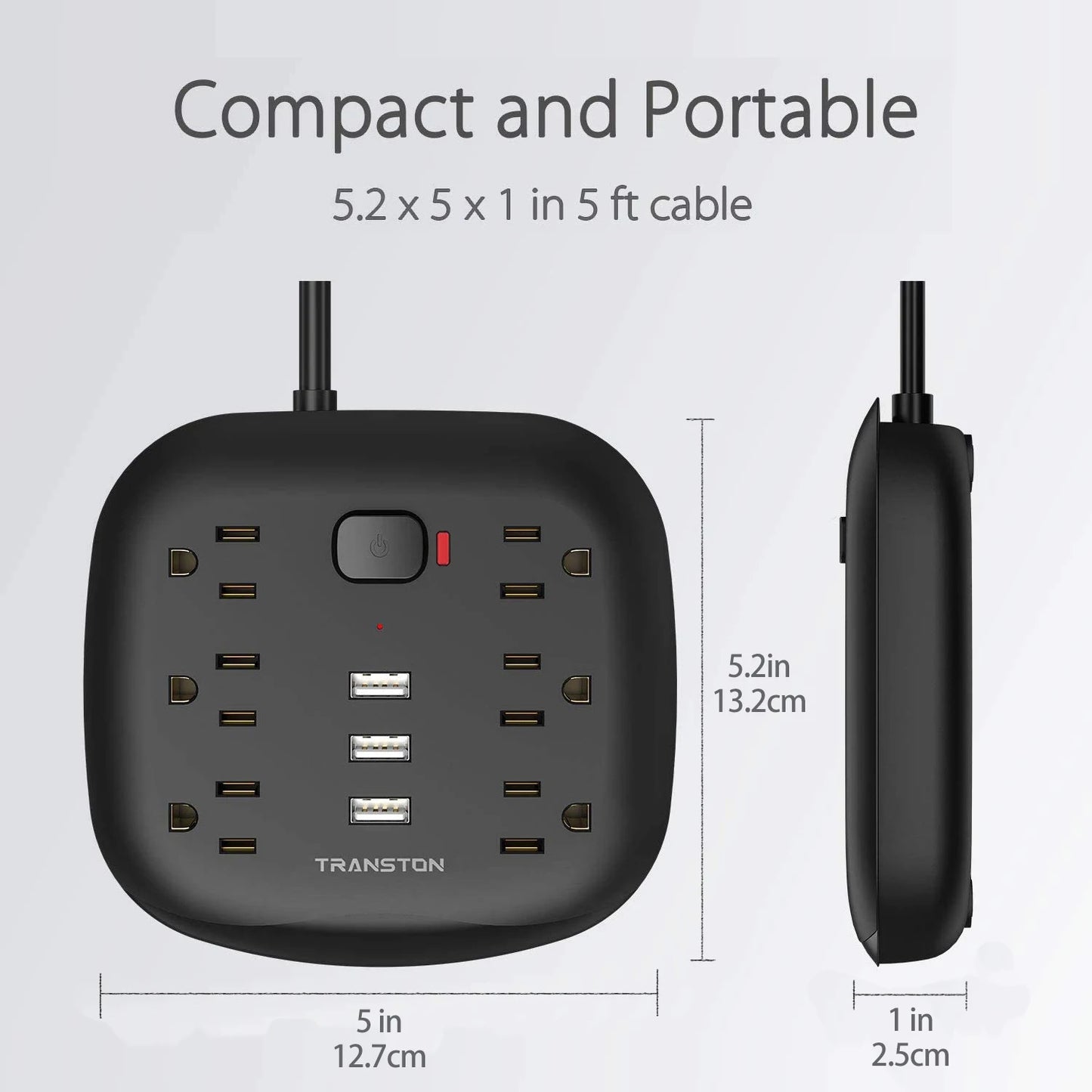 US Power Strip Surge Protector 6 Outlet 3 USB with Switch Control & Flat Plug Fireproof Heavy Duty Extension Cord Compact