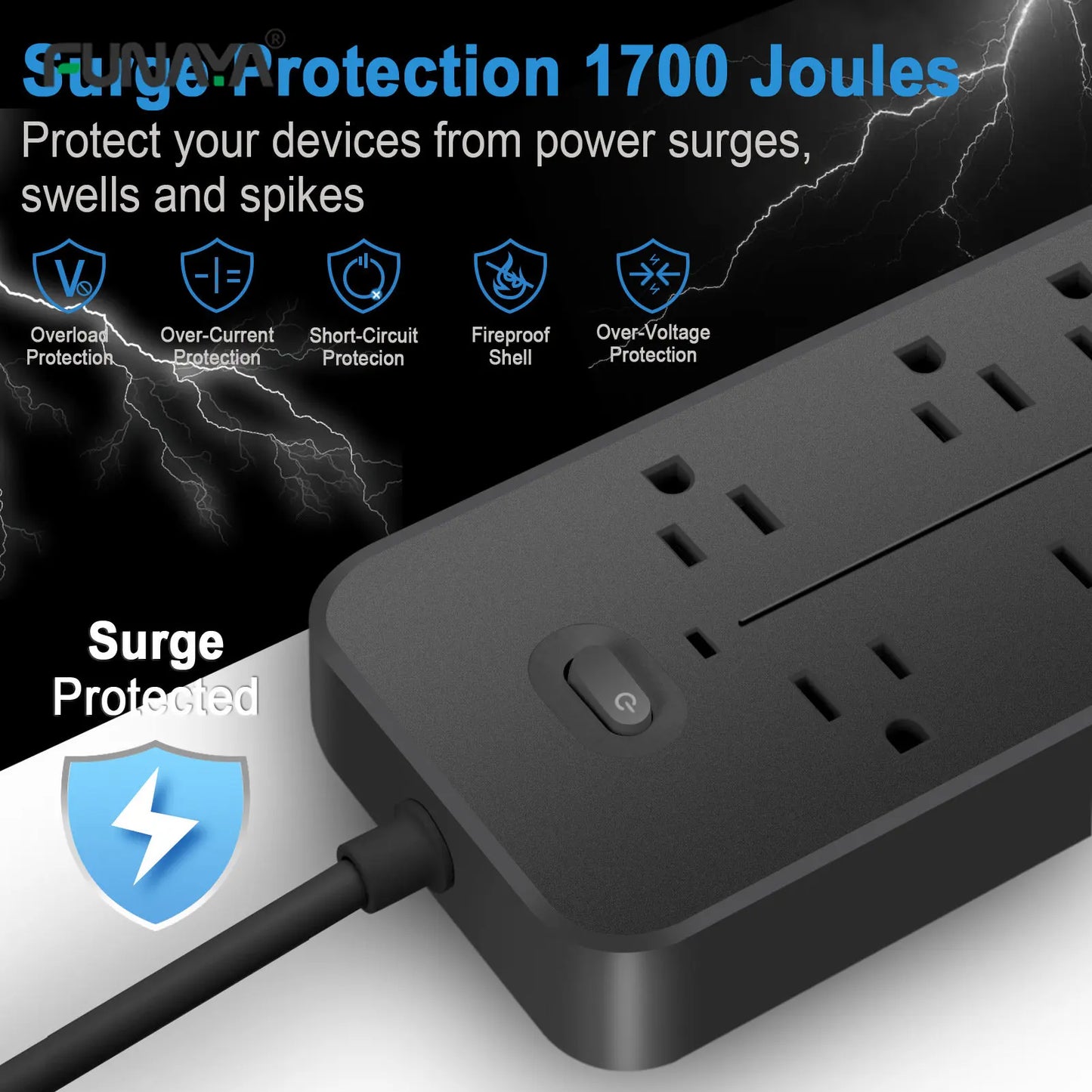 US Power Strip 6 AC Outlets 10A 110v 220v 3 USB Ports Sockets 1 TYPE-C Smart Patch Panel 2000w Black Power Surge Protection Plug